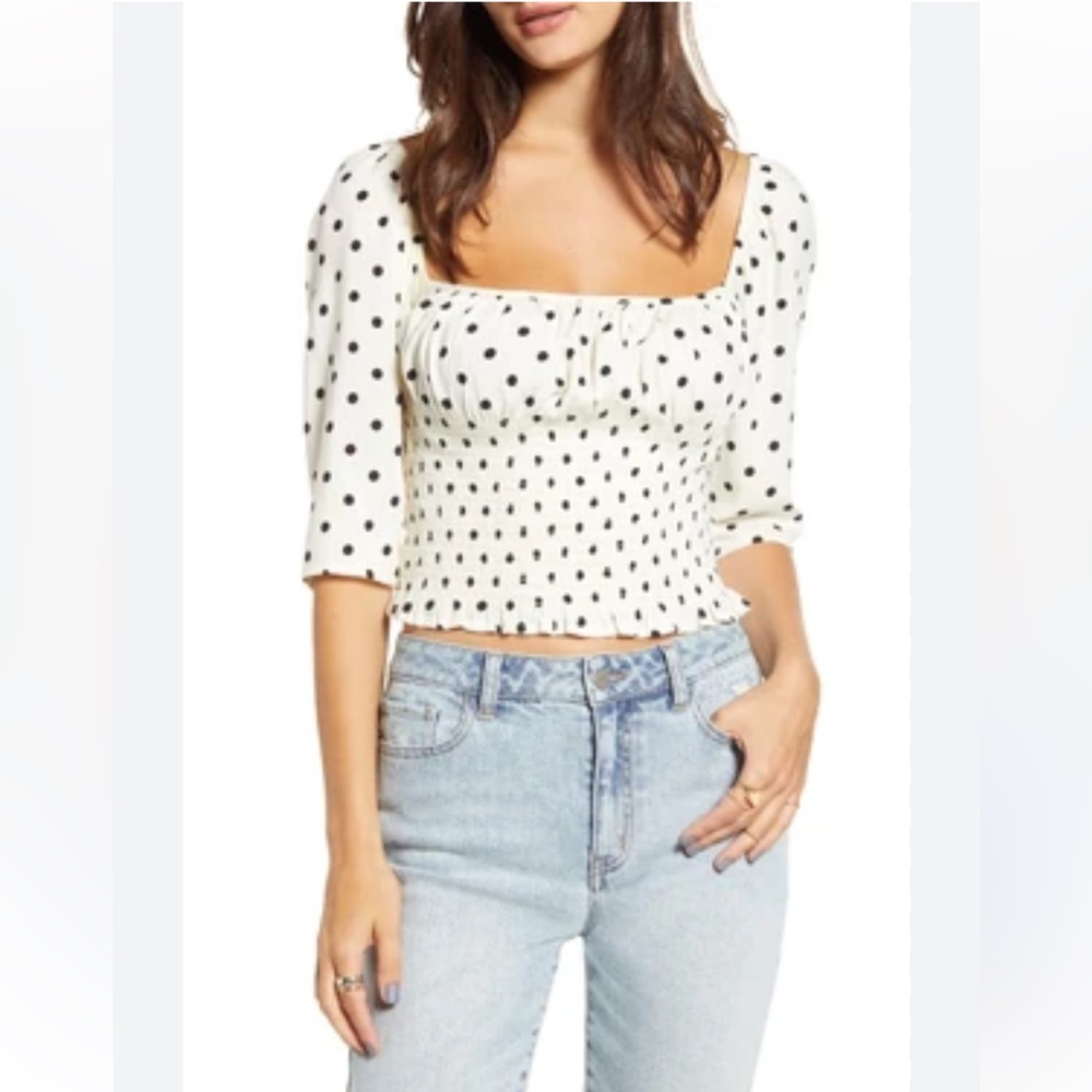 BP x Claudia Sulewski ivory polka dot smocked peasant top blouse size Lโ